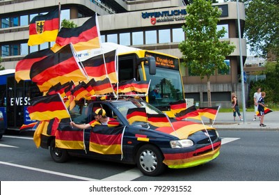 Oldenburg, Niedersachsen, Germany - July 03 2010: Car Decorated With A Lot Of German Flags After The German Soccer Team Won A Game In Fifa Worldcup