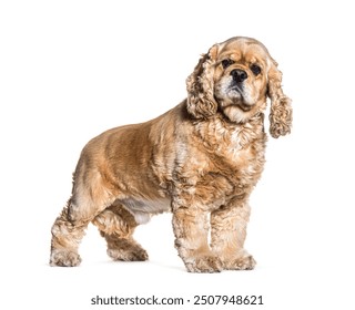 Older buff american cocker spaniel standing against a white background - Powered by Shutterstock