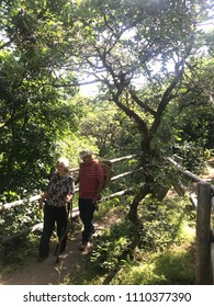 An Older Couple Hiking On A Mountain Trail.