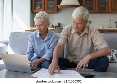 Older Couple Manage Family Budget, Pay Bills Online, Sorting Out Papers, Make Payments Through Electronic Bank Using Laptop Looking Serious And Focused Engaged In Expenses And Earnings Control Concept