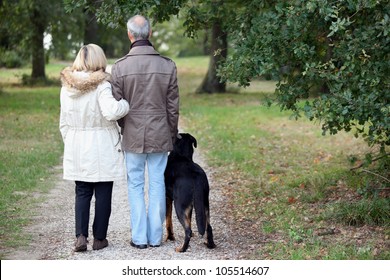 Older Couple Walking A Dog