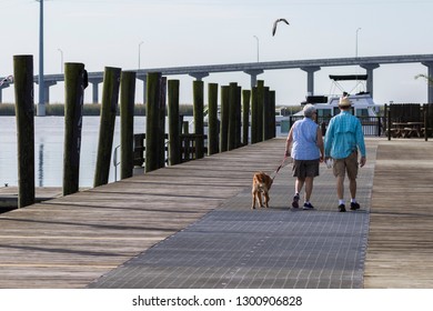 Older Couple Walking Dog On Pier