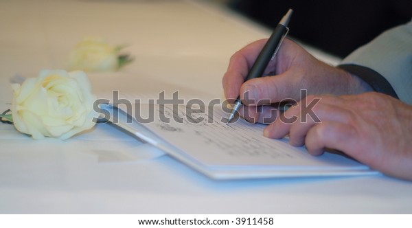 Older Gentleman Singing Guestbook Wedding Reception Stock Photo