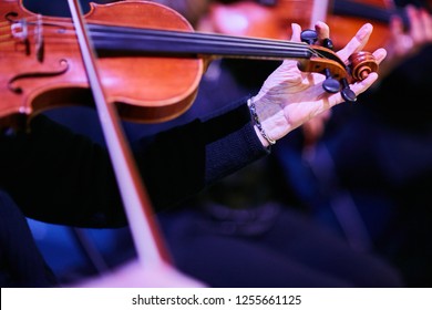 older hands tuning a violin at concert
