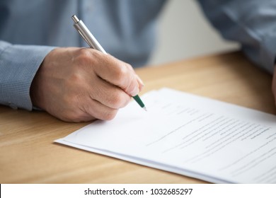 Older Male Hand Signing Business Document, Senior Man Putting Signature On Legal Paper Making Investment, Elderly Aged Businessman Taking Bank Loan Or Insurance, Writing Will Testament, Close Up View