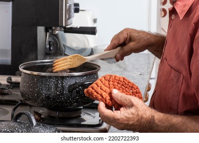 
Older Man Cooking, In Authentic Seventies Kitchen, Working Person Kitchen