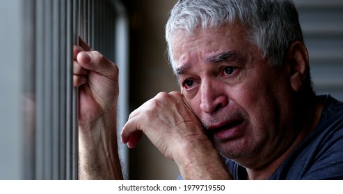 Older Man Crying With Grief And Pain. Senior Person Suffering Alone