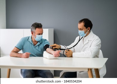 Older Man With High Blood Pressure. Medical Exam In Face Mask