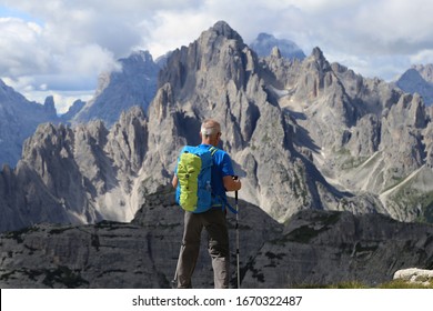 Older Man Hiking In Mountains Dolomites Isolated 