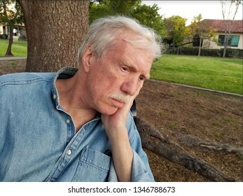 Older Man On Park Bench, Right Hand On Cheek, Looking Concerned / Worried