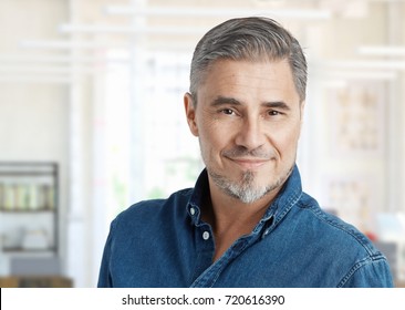 Older Man Portrait. Gray Haired Mid Adult Older Man In His 50s Wearing Casual, Smiling.