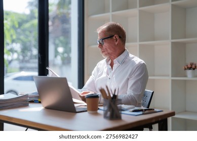 Older man reviewing documents and using laptop at his modern workplace