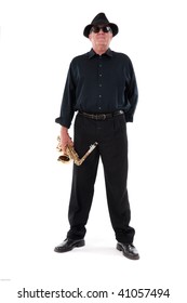 Older Man With A Sax Isolated On White