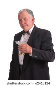 Older Man In Tuxedo With A Margarita, Isolated Over White