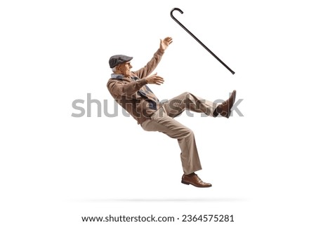 Older man with a walking cane falling isolated on white background