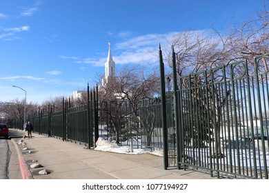 An Older Man Walking His Dog Near The Bountiful Utah Church Of Jesus Christ Of Latter Day Saints Temple