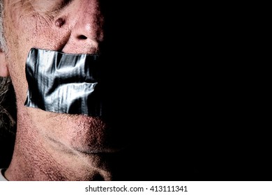 An Older Man's Mouth Is Covered And Taped Closed With Duct Tape, Side Lit With Half Of Face In Shadow, And Highly Detailed.