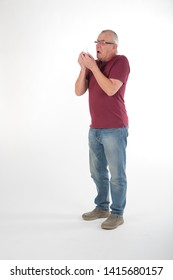 Older Mature Man In Casual Dress. Sneezing With Cold. Glasses. Concept Health And Well Being