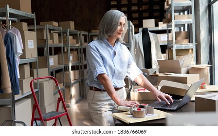 Older middle aged business woman entrepreneur, fashion clothing seller using laptop checking ecommerce dropshipping order packing online shop shipping delivery parcels boxes at workplace in warehouse.