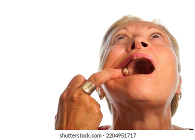 Older Patient Shows That He Has A Missing Tooth. Senior Woman With Toothache Needs A Dentist