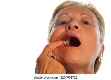 Older Patient Shows That He Has A Missing Tooth. Senior Woman With Toothache Needs A Dentist