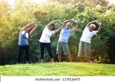 Older People Exercise Outdoors. Morning For Good Health.