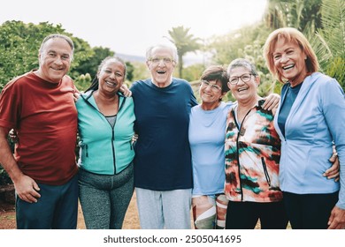 Older people, Senior sport friends hug after yoga or pilates training at park city. Healthy life style - Powered by Shutterstock