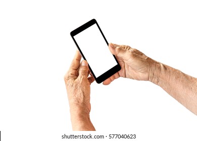 older person, hand holding and touch smart phone white screen, isolated