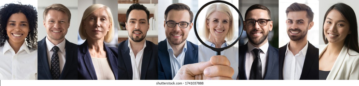 Older professional job opportunity concept. Hr manager holding magnifying glass in hand finding new company recruit middle aged female candidate face headshot. Horizontal banner for website design.