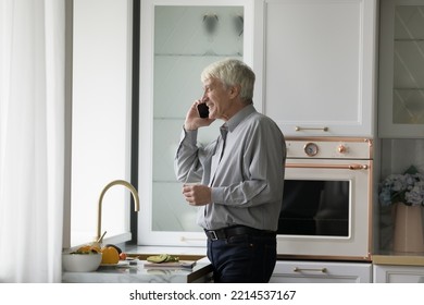 Older Single Man Talk On Smartphone, Distracted From Healthy Vegetables Dish Preparation, Enjoy Remote Conversation Spend Time Standing In Cozy Modern Kitchen, Ordering Products Use Distance Services