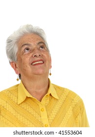 An Older Smiling Woman Thinking Over White