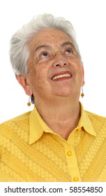 An Older Smiling Woman Thinking Over White