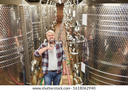 Older winemaker as a wine master drinks a glass of red wine in front of a fermentation tank