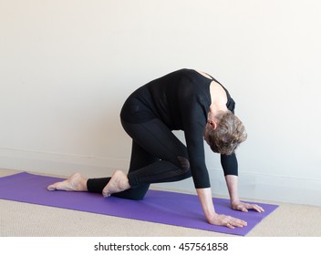 Older Woman In Black Yoga Clothing On Purple Mat In Tiger Pose