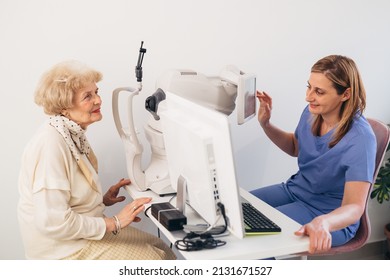 Older Woman Has Eye Examination. Digital Retina Scanner