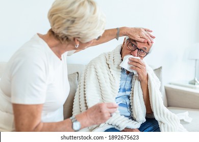 Older Woman Helps A Ill Husband While They Are Sitting On The Couch In The Living Room. Senior Man With Flu And Running Nose.