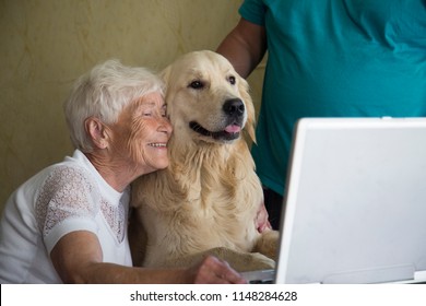 Older Woman, Laptop And Dog