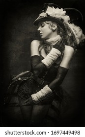 Old-fashioned Black And White Portrait Of A Young Cabaret Showgirl In Her Stage Costume