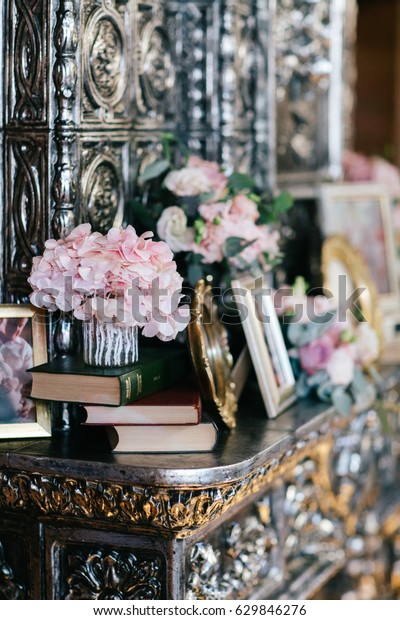 Oldfashioned Fireplace Decorated Frames Pictures Pink Stock Photo