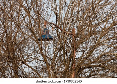 An Old-fashioned Street Lamp Between Branches Of A Fallen Tree