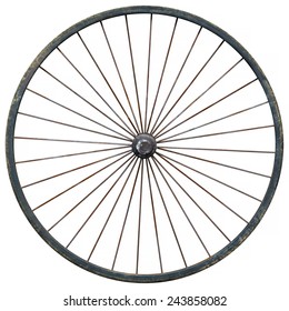 Old-fashioned Wagon Wheel With Steel Rim And Wire Spokes, Isolated Against A White Background.