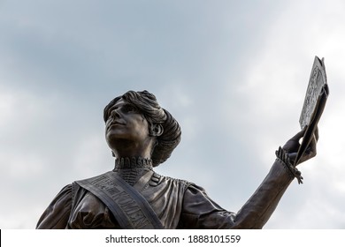 OLDHAM, UK - July 25, 2019: Statue Of Annie Kenny Political Activist And Homegrown Suffragette For The Women's Social And Political Union In The Centre Of Oldham, England.