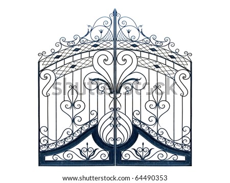 Old-time forged decorative gates. Isolated over white background.