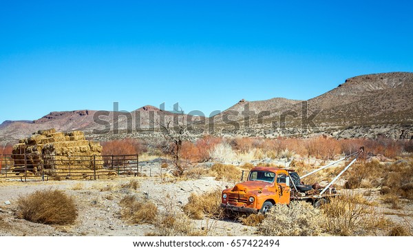 Oldtimer towing vehicle in the desert at El Paso\
Texas USA
