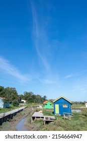 Oleron Island, Charente Maritime, France. Oyster farming site and multi-coloured fisherman sheds in tidal salt marsh in summer