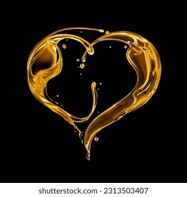 Olive or engine oil splashes in the shape of a heart isolated on a black background