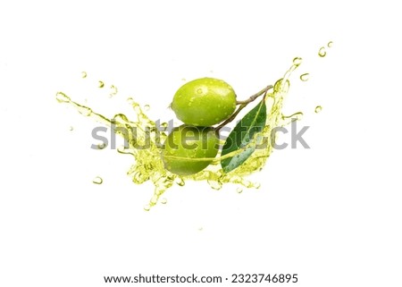 Olive fruit with extra virgin olive oil splashing isolated on white background.