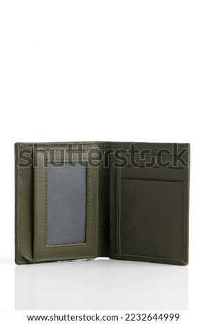 An olive green card holder, made with pure leather. Inside view for displaying the design, containing card slots, and an ID window.