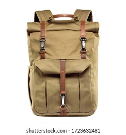Olive Green Retro Vintage Canvas Backpack Isolated. Satchel Rucksack with Leather Trim, Rolltop Closure. Camping Daypack Front View. Travel Back Pack. Drawstring Bag with Shoulder Straps & Haul Loop