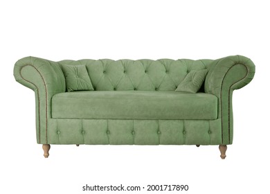 Olive Green Sofa With Pillows On Wooden Legs Isolated. Upholstered Furniture For The Living Room. Light Olive Couch Isolated